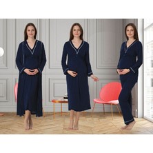 Dvina Effortt Lohusa 4'lü Set - Sabahlık/pijama Takımı/gecelik Lacivert - 4056