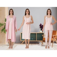 Dvina Effortt Çizgili Lohusa 4'lü Set - Sabahlık/pijama Takımı/gecelik Pembe - 4096