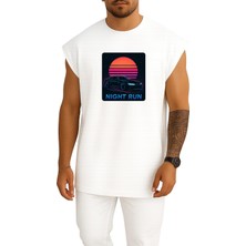 Oversize Jdm Night Run – Neon Sunset Göğüs Tasarımlı Atlet