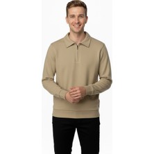 Oppland Erkek Kışlık Kazak Pamuklu Dokuma Yarım Fermuarlı Polo Yaka Uzun Kollu Düz Renk Rahat Kesim