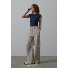 Çizgili Pamuklu Lastikli Pantolon - Bej-Lacivert