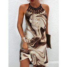 Edolika Kadın Sıfır Kol Soğuk Omuz Yaka Baskılı Süprem Elbise