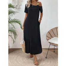 Edolika Kadın Tek Omuzdan Açık Toka Detaylı Yandan Yırtmaçlı Maksi Boy Viskon Elbise