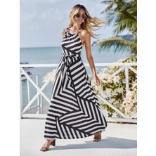 Edolika Kadın Askılı Belden Bağlamalı Geometrik Desen Krep Elbise