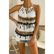 Edolika Kadın Halter Kollu Damla Detaylı Desenli Süprem Bluz