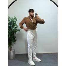 Erkek Taba Beyaz Dikey Çizgili Yarım Oversize Gömlek Modern Tarz, Nefes Alan Ince Kumaş Şık