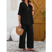 Edolika Kadın Kısa Kollu V Hakim Yaka Düğmeli Bürümcük Bluz ve Pantolon Ikili Takım