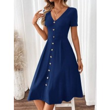 Edolika Kadın Kısa Kollu V Yakalı Önden Düğmeli A Kesim Dokuma Elbise