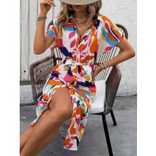 Edolika Kadın Kısa Kollu Yakalı Önü Düğmeli Önden Drapeli Desenli Süprem Elbise