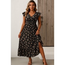 Edolika Kadın Kısa Kollu Kruvaze Yaka Beli Lastikli Çiçek Desenli Elbise