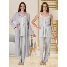 Dvina Effortt Lohusa Sabahlıklı Çizgili Pijama Takımı Gri - 4094