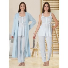 Dvina Effortt Lohusa Sabahlıklı Çizgili Pijama Takımı Mavi - 4094