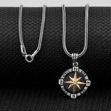 Siyah Pusula 925 Ayar Gümüş Erkek Kolye
