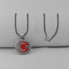 Gravur Işlemeli  Ay Yıldız 925 Ayar Gümüş Erkek Kolye
