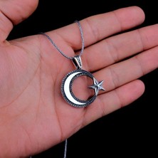 Ay Yıldız Mikro Taşlı 925 Ayar Gümüş Erkek Kolye