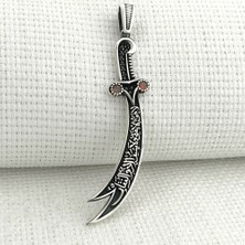 Kırmızı Taşlı La Feta Illa Ali La Seyfe Iila Zulfikar Kral Zincir 925 Ayar Gümüş Erkek Kolye