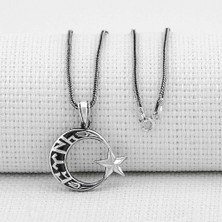 Göktürk Alfabesi Yazılı Ay Yıldız  925 Ayar Gümüş Erkek Kolye Ucu