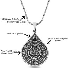 Esmahul Husna Dua Işlemeli Mührü Süleyman 925 Ayar Gümüş Erkek Kolye