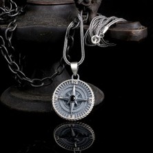 Zirkon Taşlı Yön Pusulası 925 Ayar Gümüş Erkek Kolye