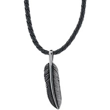 Deri Ipli Kuş Tüyü 925 Ayar Gümüş Erkek Kolye