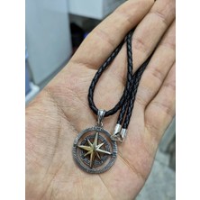 Pusula Özel Tasarım Deri İPLI925 Ayar Gümüş Erkek Kolye