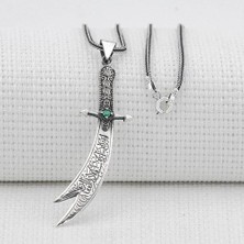 Yeşil Taşlı Zulfikar 925 Ayar Gümüş Erkek Kolye