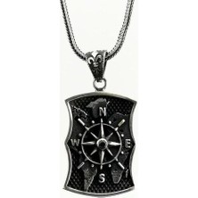 Özel Pusula Tasarımlı Atlas Zemin Detaylı Kalın Zincirli 925 Ayar Gümüş Erkek Kolye