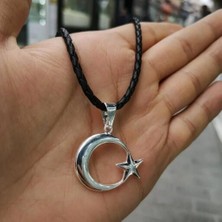 Ay Yıldız Deri Ipli 925 Ayar Gümüş Erkek Kolye