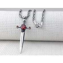 Kırmızı Taşlı Kral Zincirli Şovalye 925 Ayar Gümüş Erkek Kolye