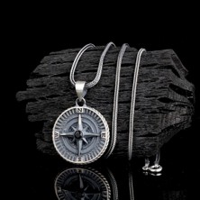 Zirkon Taşlı Yön Pusulası 925 Ayar Gümüş Erkek Kolye