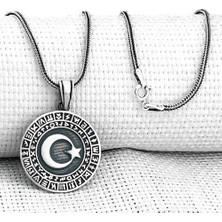 Göktürk Alfabesi Yazılı Ay Yıldız  925 Ayar Gümüş Erkek Kolye