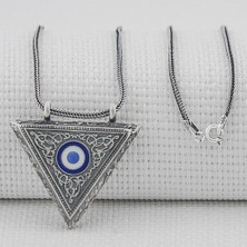 Nazar Boncugu Tasarımlı Üçgen Muska Kebir Dualı Cevşen 925 Ayar  Gümüş Erkek Kolye