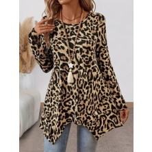 Tua Moda Kadın Uzun Kollu Bisiklet Yaka Leopar Desenli Süprem Bluz