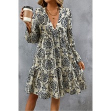 Bemy Çarşı Kadın Uzun Kollu V Yakalı Fırfırlı Mini Süprem Elbise