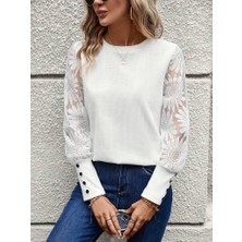 Giyimodam Kadın Uzun Kollu Bisiklet Yaka Kolları Çiçekli Waffle Bluz