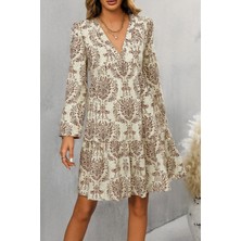 Tua Moda Kadın Uzun Kollu V Yakalı Fırfırlı Mini Süprem Elbise