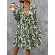 Arben Boutique Kadın Uzun Kollu V Yakalı Fırfırlı Mini Süprem Elbise