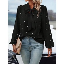 Bemy Çarşı Kadın Uzun Kollu Yakadan Fiyonklu Incili Ithal Krep Bluz