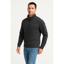 Erkek Dik Yaka Sweatshirt Dik Yaka Yarım Fermuarlı 3 Iplik Şardonlu Pamuk Kumaş - Antrasit