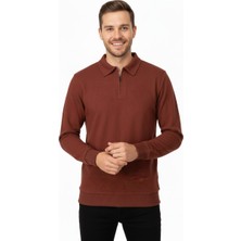 Oppland Erkek Kışlık Kazak Pamuklu Dokuma Yarım Fermuarlı Polo Yaka Uzun Kollu Düz Renk Rahat Kesim