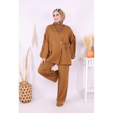 Kolları Fırfırlı Hırka ve Pantolon Takım 17026 Taba