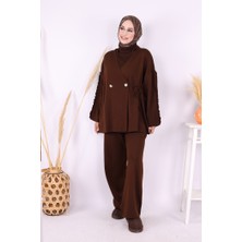 Kolları Fırfırlı Hırka ve Pantolon Takım 17026 Kahverengi
