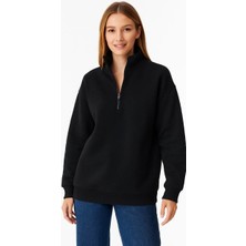 Kadın Üç Iplik Dık Yaka Yarım Fermuarlı Sweatshirt - Siyah