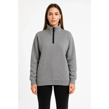 Kadın Üç Iplik Dık Yaka Yarım Fermuarlı Sweatshirt - Gri