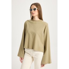 Minaaise Kadın Haki Oversize Basic T-shirt Uzun Kol Günlük Stil Düz Desen Polyester Pamuk