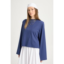 Minaaise Crop Geniş Kol Oversize Basic T-shirt İndigo