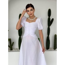 Kare Yaka Düğmeli Elbise