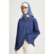 Kadın Lacivert Geniş Kol Oversize Uzun Basic T-Shirt 30058