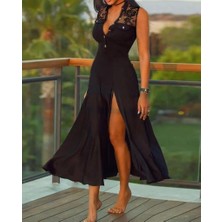 Kadın Sıfır Kol Hakim Yaka Önden Düğmeli Dantel Detaylı Yırtmaçlı Viskon Midi Elbise