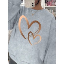 Kadın Tasarım Kalp Baskılı Bisiklet Yaka Siyah Sweatshirt Oversize Salaş